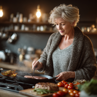 Persoană matură pregătind o masă sănătoasă cu legume fresh și ingrediente naturale